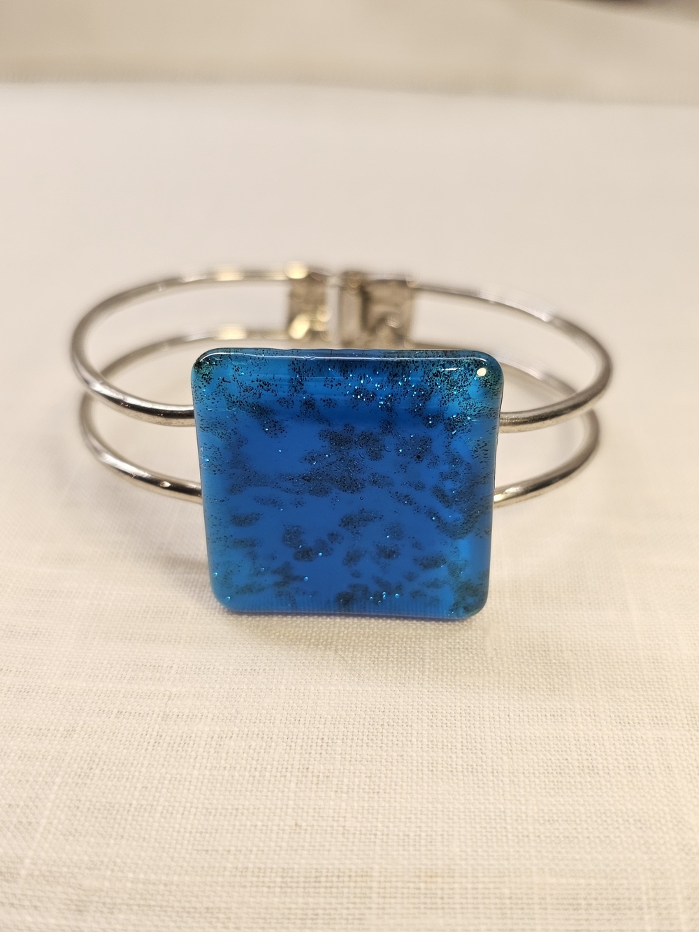 Vintage Silver Tone Spring Hinge Cuff Bracelet - Square Cobalt Blue Dichroic Art
